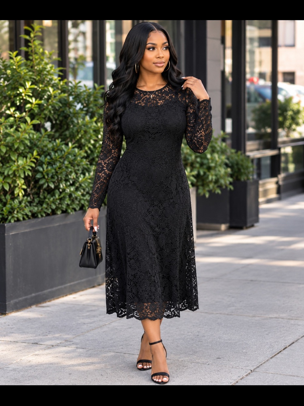 Elegant Black Lace Midi Dress - Women's Long Sleeve Cocktail Dress